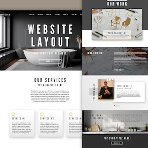 May include: Website layout design with a black and white color scheme. The website features a large image of a bathroom with a white bathtub, a section for services, a section for testimonials, and a section for contact information.
