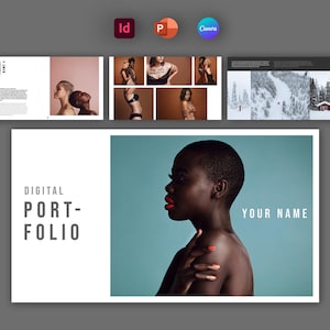 Könnte beinhalten: Ein digitales Portfolio-Cover mit dem Text "DIGITAL PORTFOLIO" in Weiß auf weißem Hintergrund. Die rechte Seite des Covers zeigt eine Nahaufnahme eines Gesichts mit dunkler Haut und rotem Lippenstift. Der Hintergrund ist hellblau. Der Text "YOUR NAME" ist in Weiß auf der rechten Seite des Bildes.