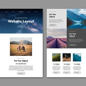 May include: Website layout template with a starry night sky background, a photo of an elephant in a field, and a section with six images of different landscapes. The text "Put Your Subtitle Here" and "Website Layout" are displayed on the page.
