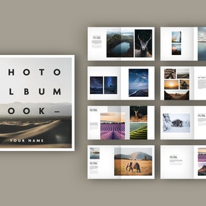 May include: A photo album book mockup with a desert landscape on the cover. The cover text reads "PHOTO ALBUM BOOK - YOUR NAME". The mockup shows several pages of the book with various landscape photographs.