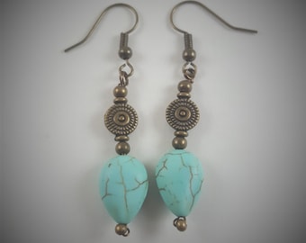 Bronze Wire Wrapped Earrings | Artificial Turquoise Earrings | Wire Wrapped Jewelry | Beaded Earrings | Spiral Earrings|Copper Wire Earrings