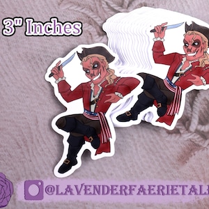 May include: A 3-inch sticker featuring a cartoon pirate with a skull face, holding a knife and wearing a red and white striped sash. The pirate is wearing a red jacket, black pants, and a white hat. The sticker is on a white background.
