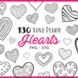 130 Hand Drawn Hearts PNG SVG Bundle, Line Art Stamps for Valentine's Day, Cute Love Clipart, Digital High Quality Doodle, Sketch Icons