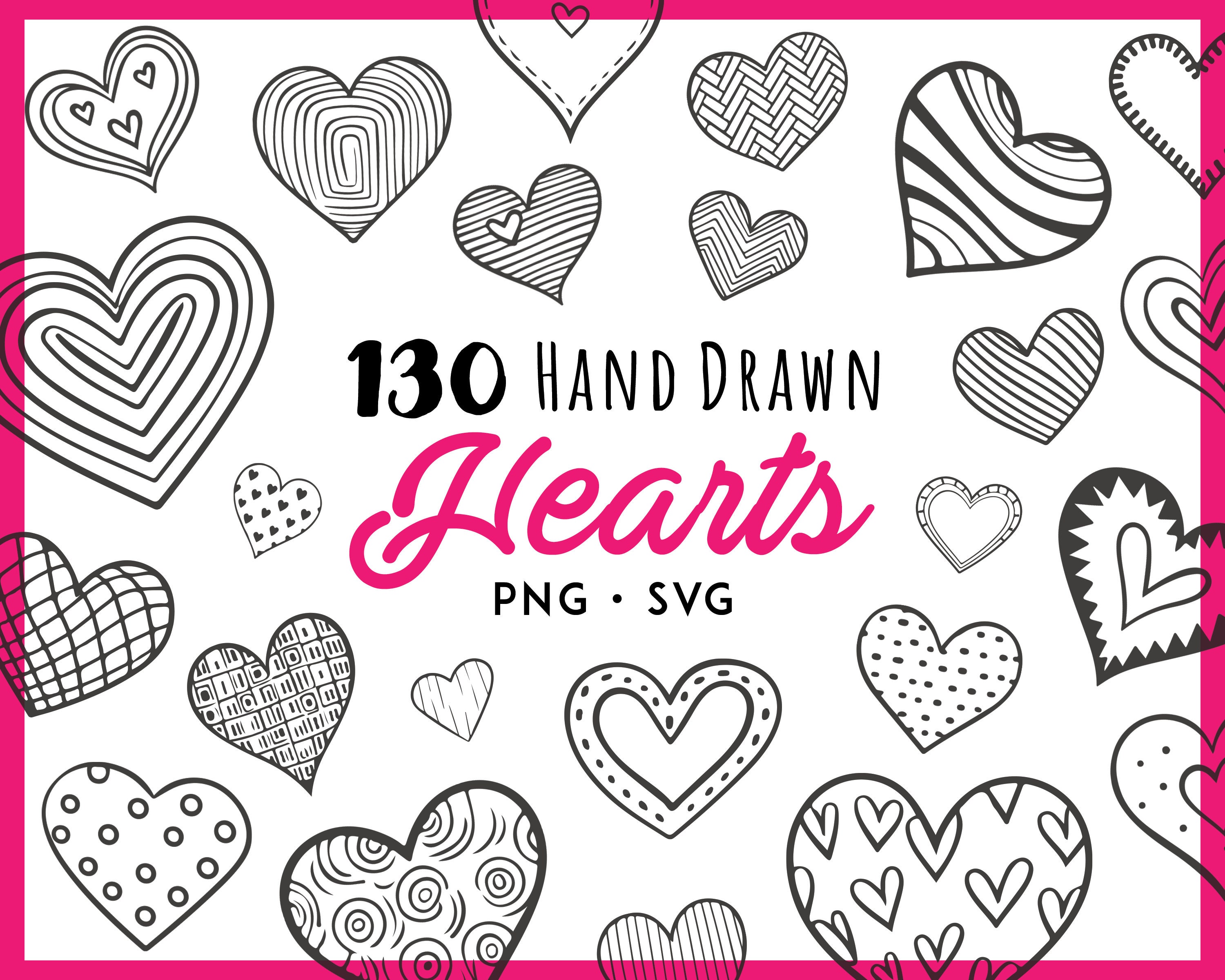 130 Hand Drawn Hearts PNG SVG Bundle, Line Art Stamps for Valentine's ...