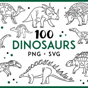 100 Dinosaurs PNG, SVG, Clipart Bundle, Line Art, Dino Animal Illustrations, Cricut Outline Designs, HighQuality Digital Stamps Drawings