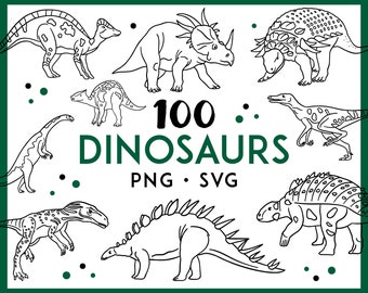 100 Dinosaurs PNG, SVG, Clipart Bundle, Line Art, Dino Animal Illustrations, Cricut Outline Designs, HighQuality Digital Stamps Drawings