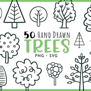 50 Trees Doodles, PNG SVG Bundle, Nature Line Art, Clipart Cricut Outline Designs, HighQuality Stamps, Digital Download, Free Commercial Use