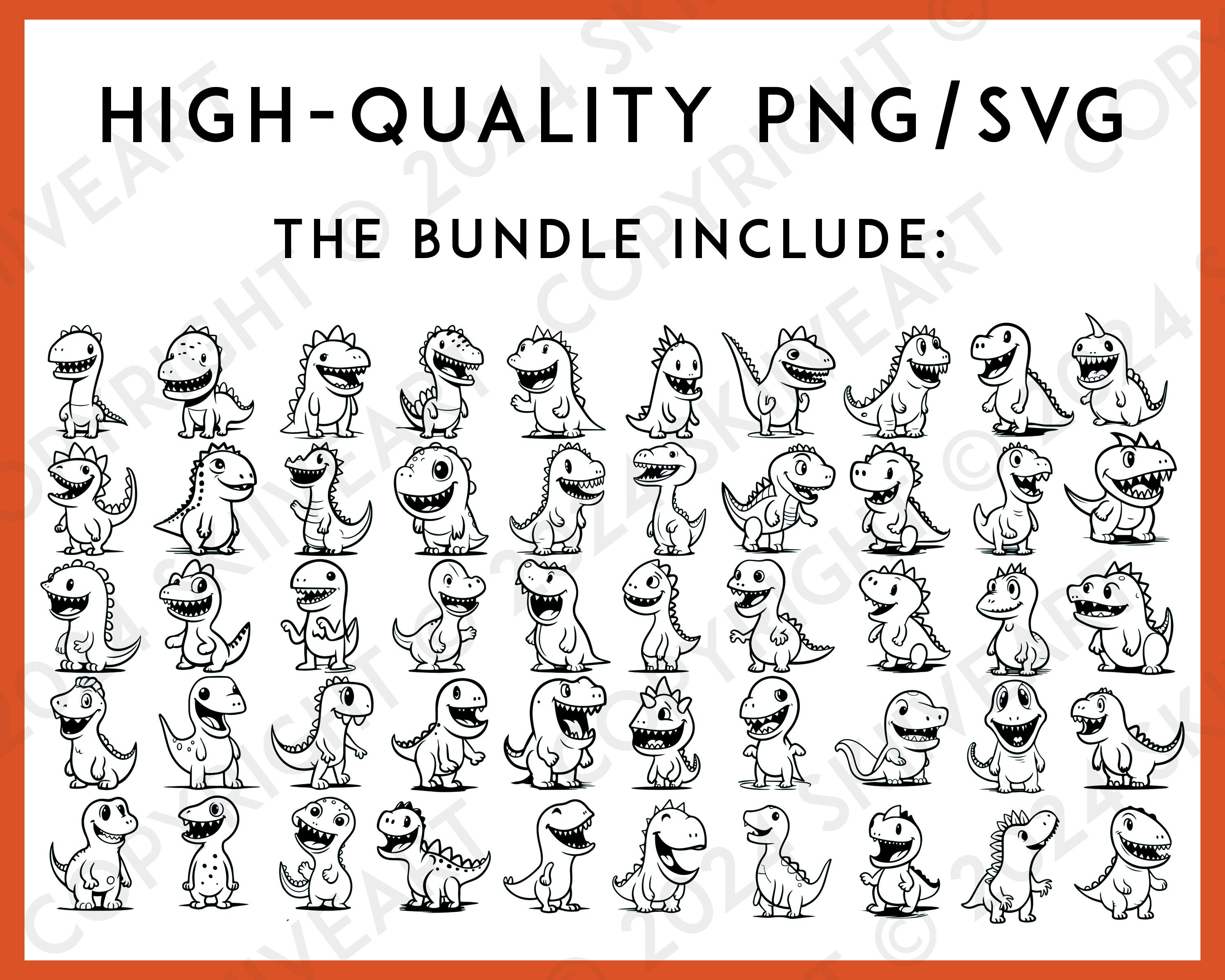 Cute Dinosaur Cartoon PNG SVG, Clipart Bundle, Anime Line Art, Dino ...