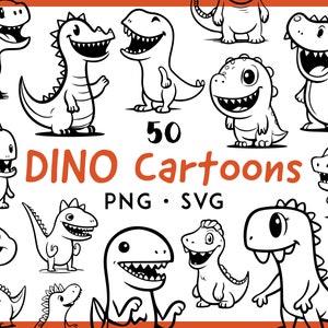 Cute Dinosaur Cartoon PNG SVG, Clipart Bundle, Anime Line Art, Dino School Illustrations, Digital Stamps Drawings for Kids Birthday Cards