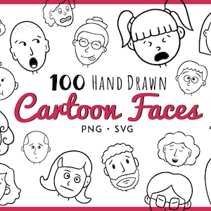 100 HandDrawn Cartoon Faces ClipArt, PNG & SVG Bundle, Cute Kids Line Art Stamps, Character Sketch Doodles, Emotions, Face Expressions Icons