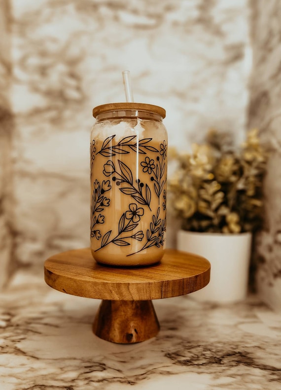 FLORAL glass can cup with bamboo lid & glass straw | iced coffee cup | beer  glass can cup | soda glass can cup