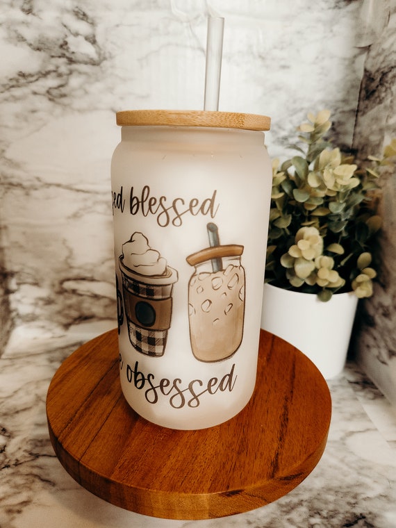Stressed Blessed Coffee Cup, Fall Coffee Cup, Iced Coffee Cup , Glass Cup  With Lid and Straw , Gifts for Women, Coffee Aesthetic 