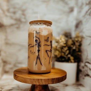 Dancing skeleton iced coffee glass  gifts for her, gifts for mom, iced coffee glass with lid, skeleton gift, spooky gift, glass cup,