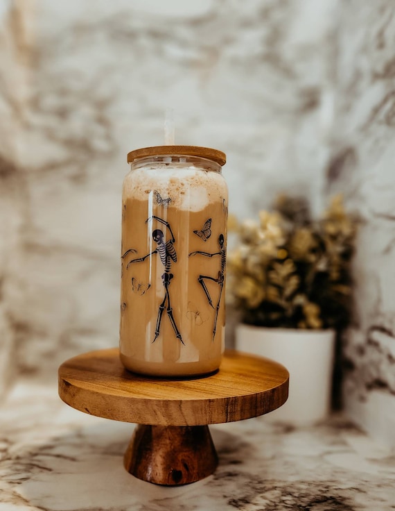 Cute Dancing Skeleton Iced Coffee Cup With Lid & Straw, Butterfly Glass  Drink Cup, Glass Can Tumbler, Aesthetic Trendy Jar, Day of the Dead 