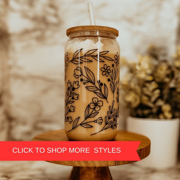 Floral iced coffee cup, floral cup, iced Coffee Cup, bridesmaid gift, Glass Cup with Lid and Straw, Gifts for Women, gifts for her