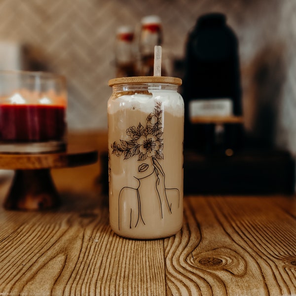 Feminine iced coffee glass - floral iced coffee glass - divine Feminine gift - iced coffee glass with Lid - gifts for her - floral women