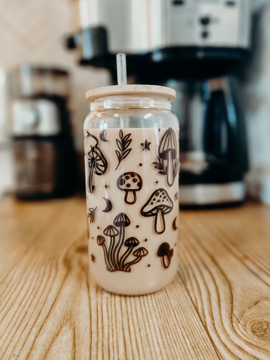 Mushroom Cottage Core Iced Coffee Glass, Mushroom Coffee Cup, Mushroom