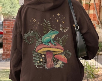 Frog and Mushroom Hoodie, Cottagecore Woodland Sweater