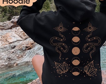 Celestial Zip Up Hoodie, Moon & Snake Zipper Hoodie, Goth Crystal Mystical Full Zipper Hooded Sweatshirt, Black Moon Phases Zippered Jacket