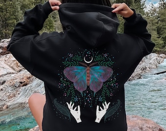 Mystical Moth Hoodie, Cottagecore Celestial Sweatshirt, Goblincore Moon Phase Jacket