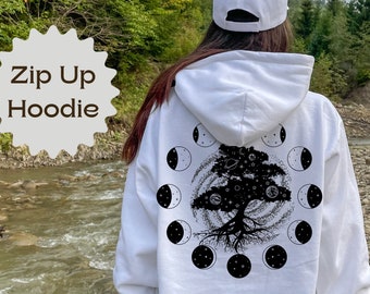 Celestial Zip Up Hoodie, Tree of Life, Galaxy Zip Jacket, Moon Phases Full Zippered Hooded Sweatshirt, Mystical Spiritual Zip Up Hoodies