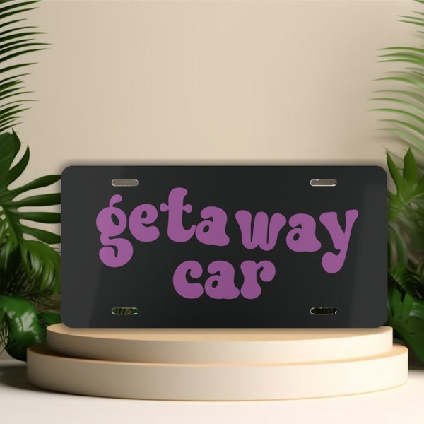 Getaway Car License Plate, Black and Purple Vanity Tag for Front of Car, Minimalist Funny Front License Plates, Car Accessories for Teens