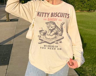Cat Biscuit Long Sleeve Shirt: Retro Kitty Baker Graphic Tee