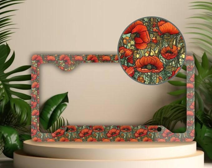 Stained Glass California Poppy License Plate Frame: Floral Car Decor