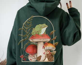 Green Cottagecore Frog Hoodie, Mushroom Hoodies, Fairycore Hooded Sweatshirt, Forestcore Toad Sweater, Alt Fairy Goblincore Trendy Hoody