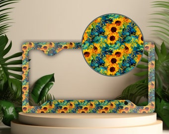 Van Gogh Sunflower Aluminum License Plate Frame: Floral Car Decor