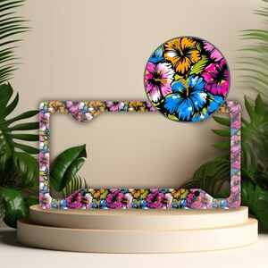Hibiscus License Plate Frame: Graffiti Floral Car Decor