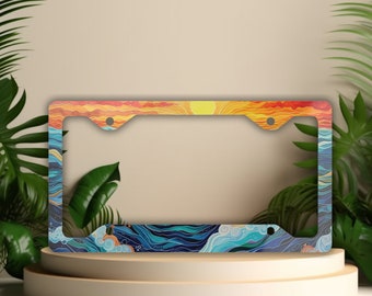 Ocean License Plate Frame, Artsy Waves Vanity Car Tag Holder, Sunset License Plate Covers, Beachy Car Accessories, Sea Car Decor for Women