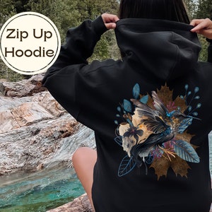 Hummingbird Zip Up Hoodie, Floral Full Zip Hooded Sweatshirt for Women, Forestcore Hoody, Gifts for Bird Lover, Woman's Woodland Sweater