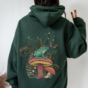 Dark Green Frog Hoodie Cottagecore Mushroom Hooded Sweatshirt Oversized Goblincore Mystic Mushrooms Frog Hoodie Fairycore Trendy Hoodie