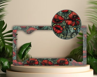Stained Glass Poppies Aluminum License Plate Frame: Floral Car Decor