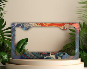 Stained Glass Ocean Wave License Plate Frame: Beach Car Decor