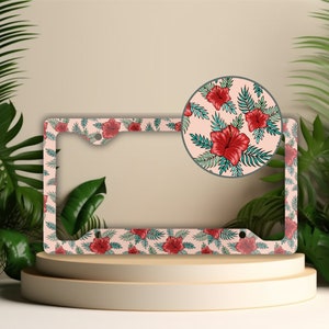 Red Hibiscus Hawaii License Plate Frame: Floral Car Decor