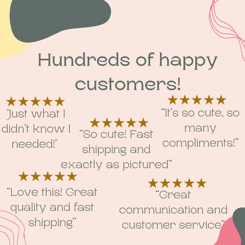 May include: A light pink graphic with the text "Hundreds of happy customers!" and customer reviews with star ratings. Reviews include phrases like "Just what I didn't know I needed!" and "So cute!"