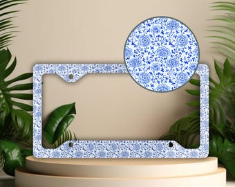 Blue Floral Toile License Plate Frame: Chinoiserie Car Decor
