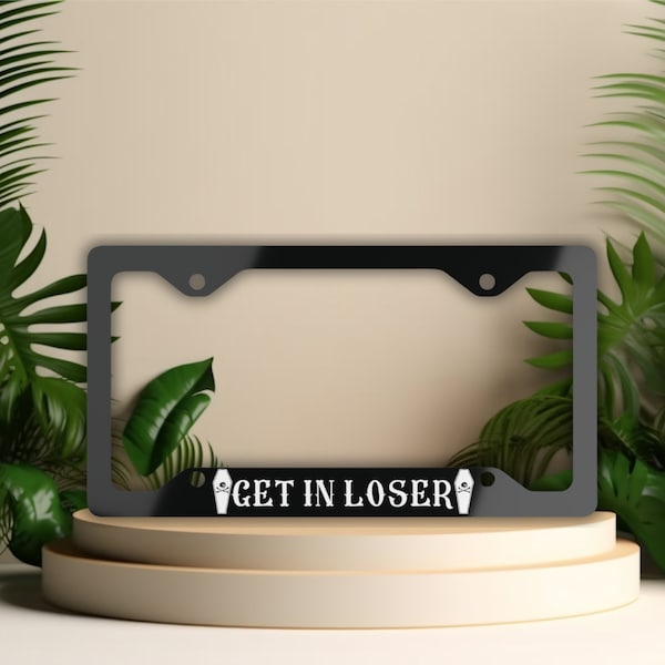 Goth License Plate Frame Get In Loser Spooky Black Metal License Plate Cover Goth Car Accessories Horror Themed Car Decor for Goth Girls