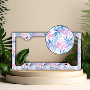 Preppy Palm Leaves License Plate Frame, Coastal Car Decor, Car Accessories for Women, Pretty Decorative Vanity Tag Holder, Pink & Blue Cover