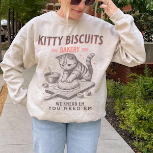 Cat Biscuit Shirt, Cute Kitty Biscuits Bakery Retro Style Graphic Sweatshirt, Funny Baking Gifts for Her, Cat Lover Sweater, Kitten Baker