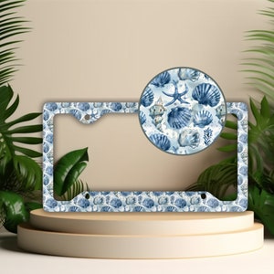 Blue Seashell License Plate Frame, Beach Lover Car Accessories, Beachy Car Decor, Ocean Themed Vanity Tag Holder, Cute Shells License Cover