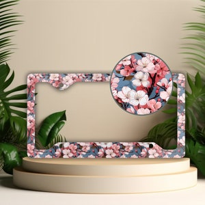 License Plate Frame, Anime Style Cherry Blossom, Cute Floral Vanity Car Tag Holder, License Plate Covers for Women, Sakura Car Decor, Gifts