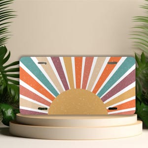 Retro Sunset License Plate: Boho Distressed Sun Car Tag