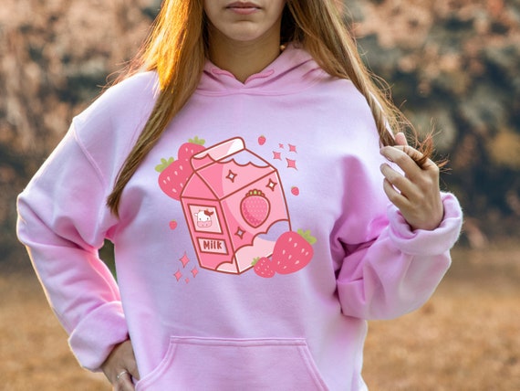Kawaii Strawberry Milk Hoodie Strawberry Cow Harajuku Clothing Anime Clothes Pink Pastel Goth Unisex Hooded Sweatshirt Etsy Canada