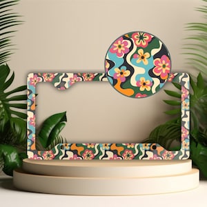 Floral License Plate Frame: Groovy Retro Car Decor