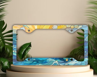 Stained Glass Ocean Wave License Plate Frame: Beach Car Decor