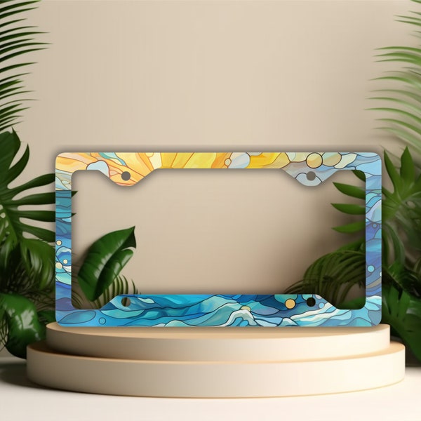 Stained Glass Ocean Wave License Plate Frame: Beach Car Decor, Beachy Tag Cover
