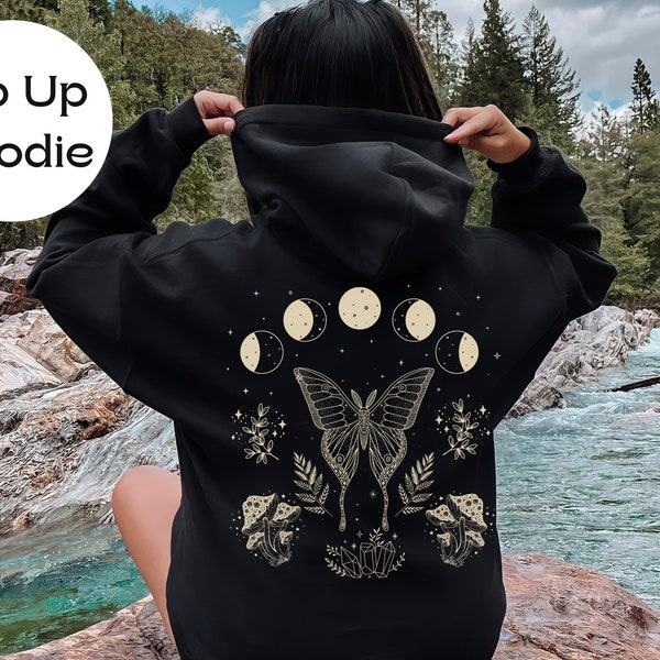 Womens Zip Up Hoodie Mystical Celestial Moth Full Zip Hooded Sweatshirt Goblincore Fairycore Fairy Grunge Moon Alt Spiritual Hoodies